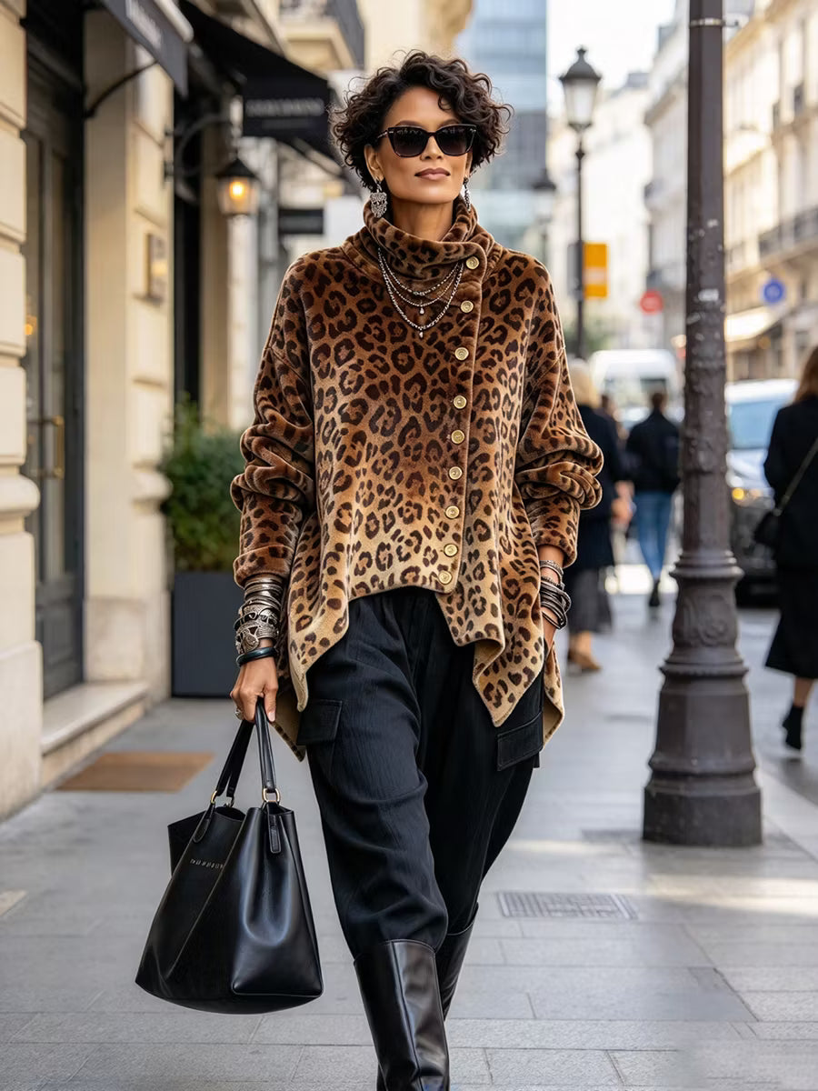 Caria - hladký leopardí top s vysokým límcem
