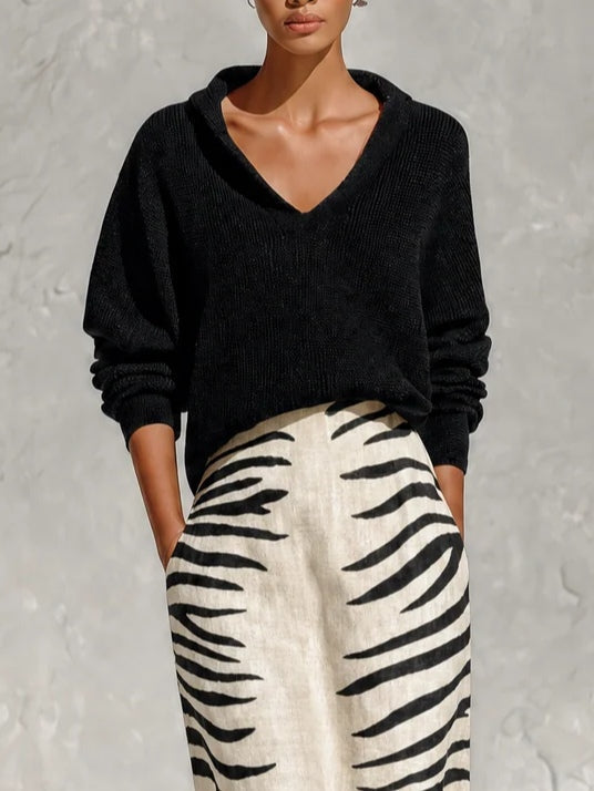 Aelyra - svetr s příjemným omakem a lněná midi sukně se zebřím vzorem